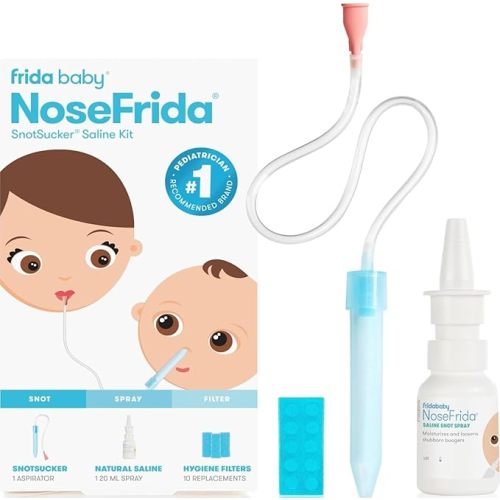 Frida Baby Saline Kit, Cold & Flu 12 pc Set Includes NoseFrida Nasal Aspirator for Baby, Nose Sucker, Saline Nasal Spray with 10 Extra Hygiene Filters, Nasal Spray Decongestant, 0.68 fl oz