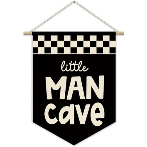Boys Room Decor - Playroom Canvas Banner, Buffalo Plaid Racing Pennant Flag 15x11in