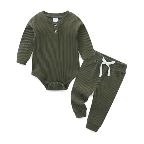 JingleBaBa Unisex Baby Outfits Long Sleeve Onesie Snug Ribbed Cotton Bodysuit Infant Solid Tops Pants 2PCS