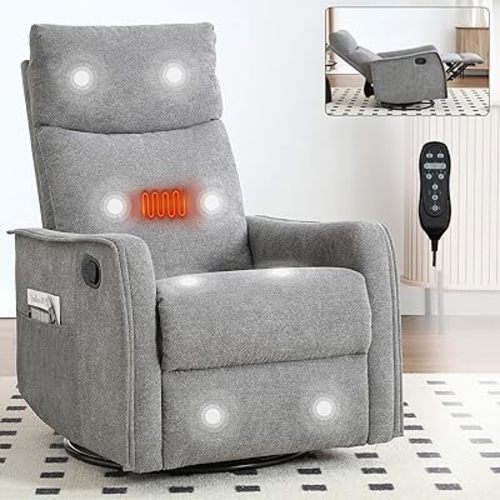 Rocker Recliner Chair for Adults, Swivel Rocker Recliner with Massage and Heat, Adjustable Glider Recliner Nursery Chair with Black Metal Base, Small Recliners for Small Spaces, Living Room (Grey)