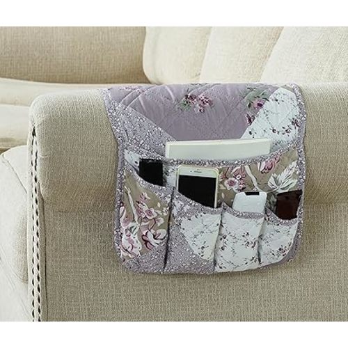 Lilac Rose Patchwork Couch Armrest 5 Pockets Organizer, Slip Resistant Recliner Armchair Caddy, Washable Remote Controls Holder, Storage for Magazine, Tablet, Phone, iPad, Lilac