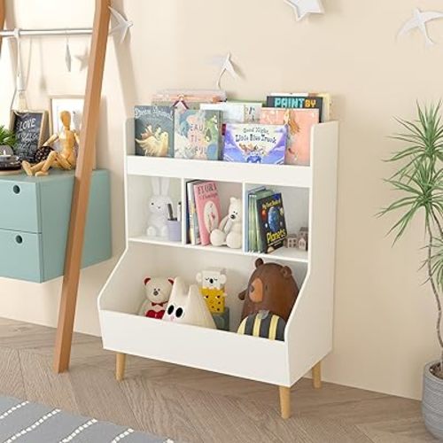 Timy Toy Storage Organizer, Kids Bookshelf and Toy Storage with Legs, Multifunctional Storage Organizer, Children Bookcase for Kids Room, Living Room, Nursery,White