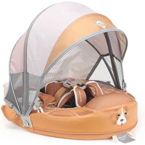 Mambobaby Float Add Tail Baby Swim Float with Canopy Solid Pool Infant Swim Trainer Swimming Training Lying Air Free Water Floats Non-Inflatable Waist Swim Ring for Toddlers (Cute Puppy)