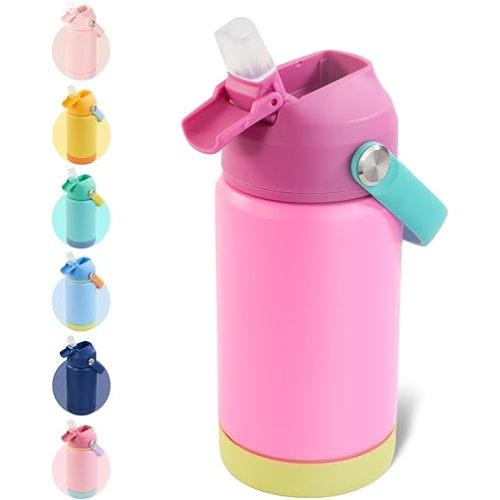 Kerilyn 12oz Kids Water Bottle, Stainless Steel Insulated Water Bottle for Kids, Toddler Cup with Straws Leak-Proof, Kids Water Bottles for School Boys Girls, BPA Free, Rose Red