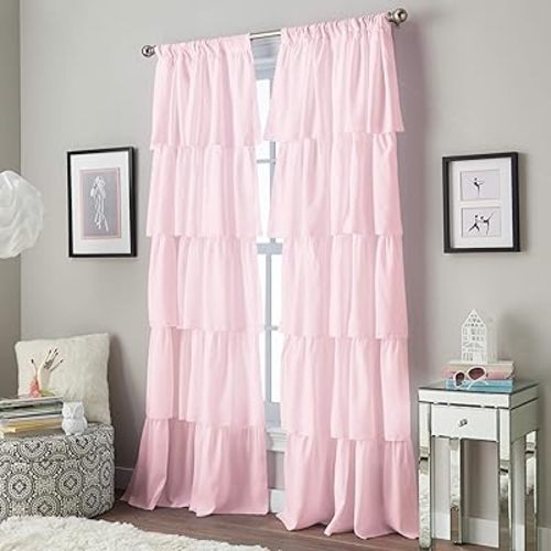Curtainworks Flounced Ruffle Rod Pocket 100% Polyester, 42 x 63 Inch, 1 Curtain Panel, Pink