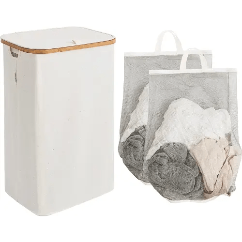 StorageWorks Large Laundry Hamper with Lid, 100L Tall Laundry Basket with Bamboo Handles and 2 Removable Inner Bag, Collapsible Laundry Hamper for Clothing, Toys, Towels, Beige, 1-Pack