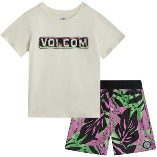 Volcom Baby Boys Swim Set - 2 Piece Short Sleeve Swim Shirt Graphic Tees & Board Shorts - Infant Toddler Little Boys Swimsuit
