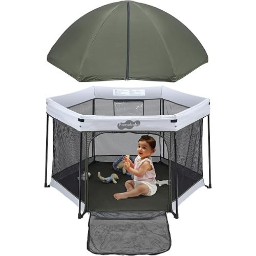 Pamo Babe Pop UP Playpen with Sun Protection Canopy - Outdoor & Indoor Play Yard for Babies and Toddlers - Baby Beach Tent with Zipper Gate, Green
