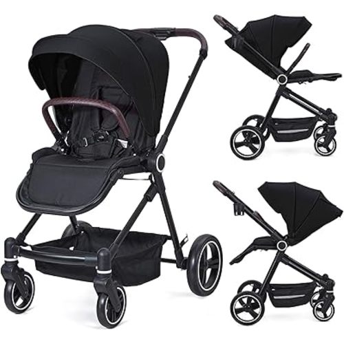 Stroller for Newborn, Foldable Baby Stroller, High Landscape Pushchair for Newborn, Toddler, with Reversible Backrest, Storage Basket, Adjustable Footrest & Canopy, Cup Holder, Black