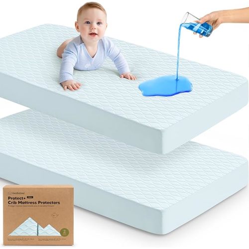 2-Pack Waterproof Crib Mattress Protector Cover Fitted - Quiet Baby Crib Mattress Pad Sheets, 52" x 28" Soft Quilted Cotton Baby Sheet, Machine Washable, Easy Fit, Durable (Soft White/Mavy)