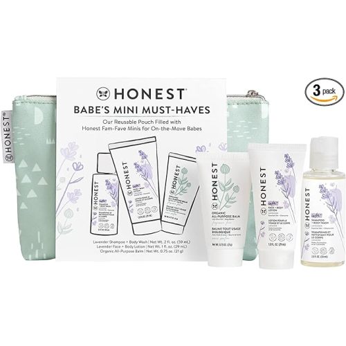 The Honest Company Babe's Mini Must Haves Gift Set | Travel Size Lavender Shampoo + Body Wash (2 fl oz), Face + Body Lotion (1 fl oz), Organic All Purpose Balm (.75 oz), Reusable Pouch