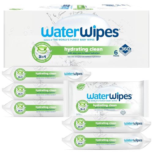 WaterWipes Hydrating Clean Baby Wipes, 99% Water-Based Wipes with Aloe Vera, Unscented & Hypoallergenic, 360 Count (6 Packs), Packaging May Vary