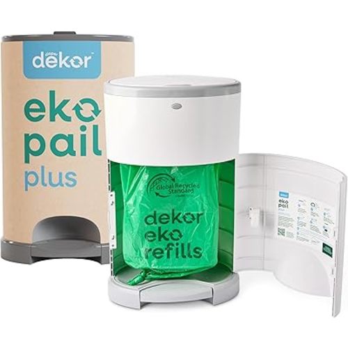 Diaper Dekor EKO Plus Diaper Pail, White | ONLY Eco-Friendly Diaper Pail Made with 70% Recycled Materials | Hands-Free: Step–Drop–Done | Cost-Effective Refill System |Great Cloth Diaper Pail