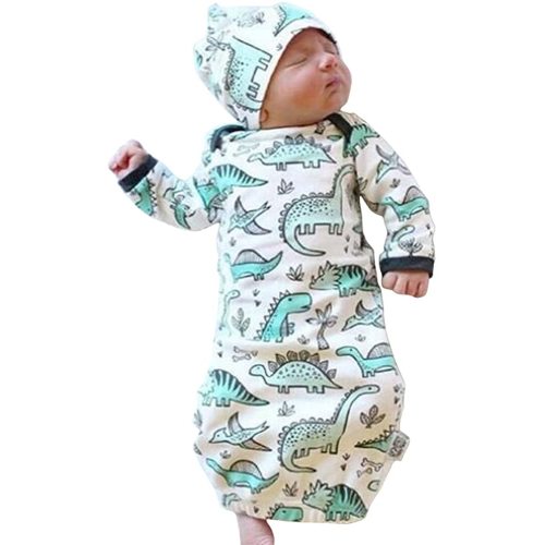 COLOOM Infant Baby Cartoon Dinosaur Pajamas Newborn Sleeper Gown Swaddle Hats 2Pcs Outfits, Green, one size (0-3M)