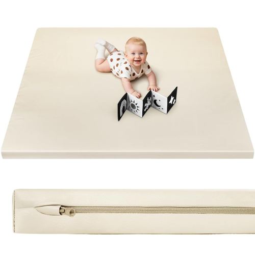 Baby Play Mat 50x50 Thicken Foam Cushioned & Waterproof Playpen Mat, 1.3" Thick Non-Toxic Cushioned, Waterproof Soft Crawling Mat for Infants and Toddlers, Wipe-Clean Playmat, Beige
