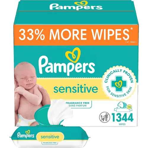 Pampers Sensitive Baby Wipes, Water Based, Hypoallergenic and Unscented, 1344 Wipes Total (16 Flip-Top Packs)