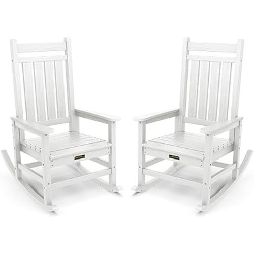 SERWALL Outdoor Rocking Chair, HDPE Rocking Chair for Adults, All Weather Porch Rockers for Lawn Garden, White