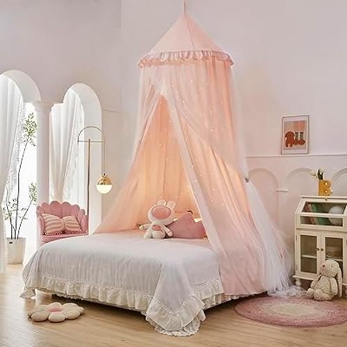 Eimilaly Princess Bed Canopy for Girls, Double Layer Canopy with 250pcs Warm White Curtain Lights, Fits Twin/Full Bed - Fairy Bed Tent for Kids Room Decor,Pink