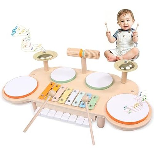 Juego de batería para niños pequeños, juguetes Montessori para niños de 2 años, instrumentos musicales de madera para bebés de 2 a 5 años, juguetes musicales de aprendizaje preescolar con xilófono, piano, regalos de cumpleaños para niños y niñas de 18 mes