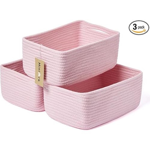 Small Storage Baskets for Organizing | Closet Organizer Bins | Shelf Toy Basket | Woven Rope Baskets | Cube Decorative Box | Shallow Basket | 13x8.5x5.1” | 3 Packs Pink