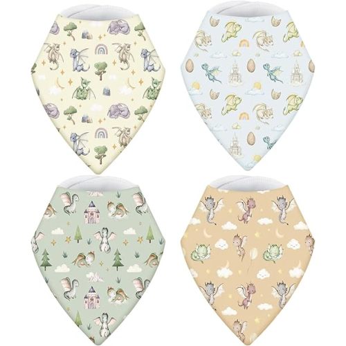 VitalCozy 4 Pcs Watercolor Dragon Baby Bandana Bib Cotton Newborn Infant Feeding Drool Bib for Drooling and Teething Girl Boy