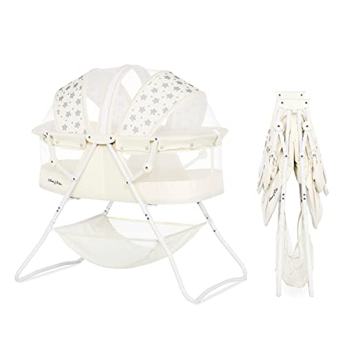 Dream On Me Karley Bassinet in French White, Lightweight Portable Baby Bassinet, Quick Fold and Easy to Carry , Adjustable Double Canopy, Indoor and Outdoor Bassinet with Large Storage Basket.