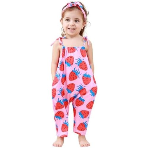 Toddler Baby Girls Romper Sleeveless Jumpsuit Summer Clothes Adjustable Tie-Up Strap with Pocket Headband 1-5T