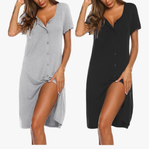Ekouaer 2 Pack Nightgowns for Women Button Down Night Shirts Short Sleeve Sleep Shirts V Neck Sleepwear Pajama Dress