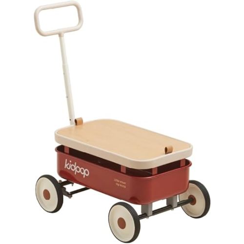 kidpop PULA-Wild 3-in-1 Kids' Pull-Along Wagon Toddlers Push Walker for 2.5-8, Removable Wooden Cover and Adjustable Handlebar, Birthday Gifts Max Weight 33 lbs (Red)