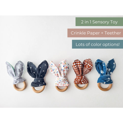 Bunny Crinkle Paper Teether | Sensory Baby Toys, Wooden Teether, Baby Shower Gift, Gender Neutral, Sensory Toy, Montessori Baby, Baby Paper