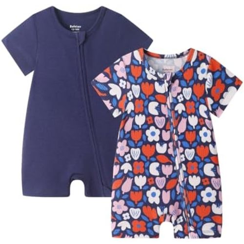 Bafeicao Baby 2 Pack Bamboo Viscose Sleeper Romper Soft Ribbed Short Sleeve 2 Way Zipper Summer Pajamas Clothes