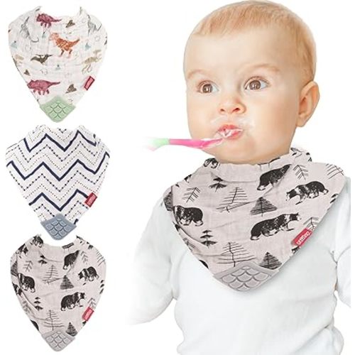 Nuby Baby Bibs - 3 Pc Muslin Bibs - Reversible 100% Natural Cotton Teething Bib - Baby Bibs For Girls And Boys, Baby Essentials