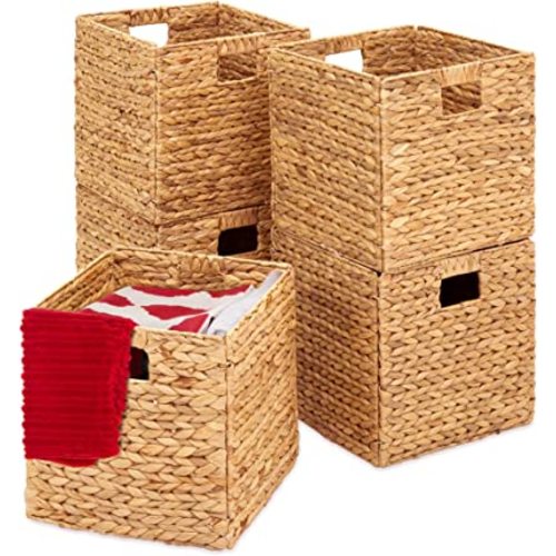 Best Choice Products 12x12in Hyacinth Baskets, Rustic Set Of 5 Multipurpose Collapsible Storage Organizer, Handwoven Laundry Totes for Bedroom, Living Room, Shelves w/Inserts - Natural