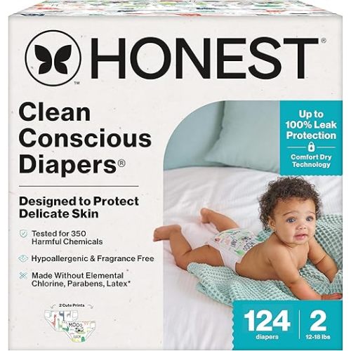 The Honest Company Clean Conscious Diapers for Sensitive Skin | Hypoallergenic, Fragrance Free | Gender Neutral Prints | Super Club Box, Size 2 (12-18 lbs), 124 Count