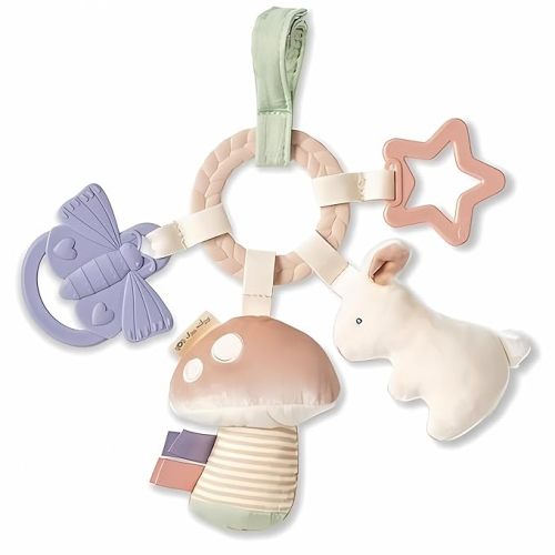 Itzy Ritzy Teething Activity Toy - Bitzy Busy Ring Infant Teething Toy Features Braided Ring & Dangling Toys, includes Teether, Textured Ribbons, Crinkle Sound & Jingle Bell - 0 Months & Up (Bunny)