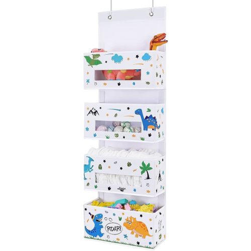 WERNNSAI Dinosaur Over Door Hanging Organizer - Behind Door Storage with 4 Clear Window Pockets for Baby Boys Room Organization Toy Diaper Closet Pantry Bedroom Bathroom Nursery Decor