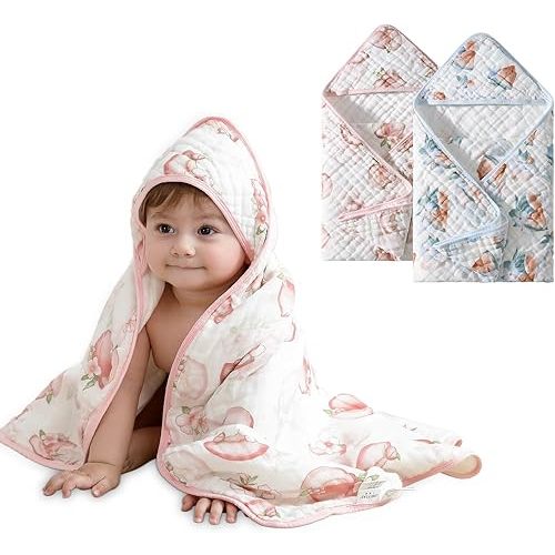 Muslin Hooded Baby Towels 2 Pack, Ultra Soft & Absorbent Baby Bath Towels, Bath & Beach Essentials, Shower Gifts for Newborns, Babies, Infant, Toddler - 32x32 Inch (Peach & Watermelon)