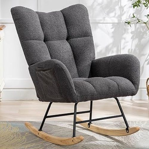 Phore Nursery Rocking Chair Teddy Upholstered Glider Rocker with High Backrest Armchair Comfy Side Modern Rocking Accent Chairs for Living Room, Nursery, Bedroom, Offices (Grey)