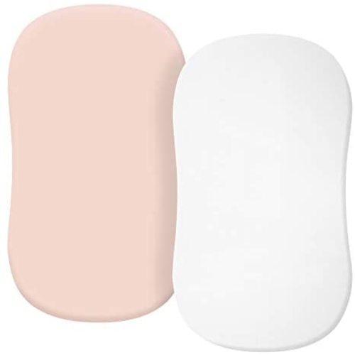TILLYOU Jersey Knit Soft Bassinet Sheets Fitted for Baby Boy Girl, Stretch to Fit Cover Brands’ Basinette Bedside Co-Sleeper Lounger Cradle Oval Rectangle Hourglass Mattress, 2-Pack Pink and White