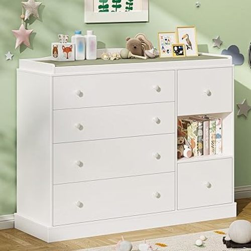 Vabches Kids Dresser Cabinet with Shelf, Changing Table for Nursery with 6 Drawers, Multi-Functional Chest of Drawers, Baby Dresser, Kids Bedroom Furniture, Nightstand for Children's Room, White