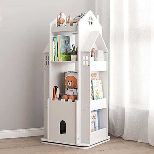 oxskk White Bookshelf for Kids,360° Rotating Childrenfts Bookcase,4 Tier Wood Book Rack Organizer Floor Storage Display Shelf for Home Childfts Bedroom-White 45x45x108cm(18x18x43inch) (zqjx3-001)