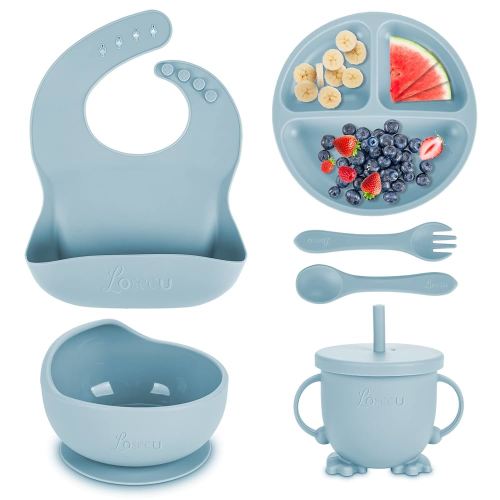 Silicone Feeding Set - Baby Led Weaning Supplies with Plate, Bowl, Bib, Spoon, Fork, Sippy Cup - BPA Free