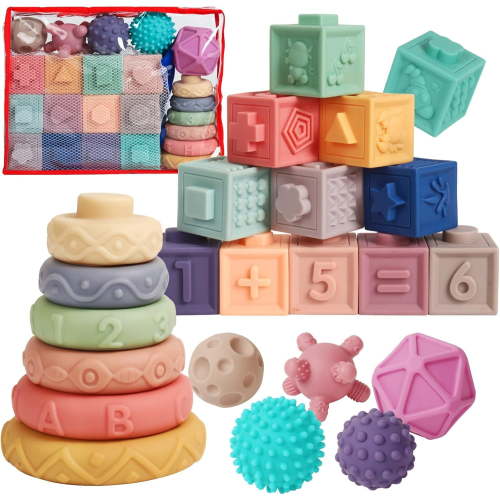 LivinVeluris Baby Toys 6-12 Months-23pcs Montessori Blocks for 1 Year Old, Sensory & Teething Set, Stacking Blocks for Toddlers 1-3
