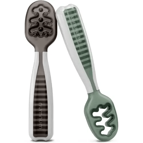 NumNum Baby Spoons Set, Pre-Spoon GOOtensils for Kids Aged 6+ Months - First Stage, Baby Led Weaning (BLW) Spoon - Self Feeding, Silicone Toddler Food Utensils - 2 Spoons, Gray/Green