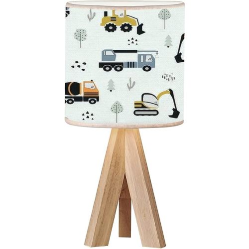 Tripod Bedside Desk Table Lamp Cute Children Seamless Construction Machinery Cartoon Hand Wood Nightstand Lamp with Linen Fabric Shade for Nursery Bedroom Living Room Kids Room