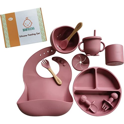 BabyLovi Baby Led Weaning Supplies-100% Food Grade Silicone Baby Feeding Set- 9 Piece Set. Baby Spoons, Toddler Plates, Suctions Plates For Baby, Baby Bowls, Toddler Utensils. (Rose Pink)