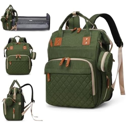Diaper Bag with Changing Station, Waterproof 3 in 1 Baby Diaper Backpack with Foldable Changing Pad, Large Travel Back Pack for Girl Boy, Green