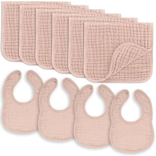 Comfy Cubs Baby Bibs & Burp Cloths Set Large - 6 Pack Muslin Burp Cloths & 4 Pack Muslin Bibs, Blush - Muslin Cotton Burp Bibs - Baby Essentials 6 Layers Extra Absorbent and Soft Boys & Girls