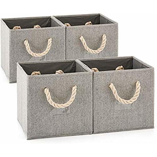 Set of 4 EZOWare Foldable Bamboo Fabric Storage Bin with Cotton Rope Handle, Collapsible Resistant Basket Box Organizer for Shelves, Closet, and More – (10.5x11x10.5 inch) (Gray/Gray)
