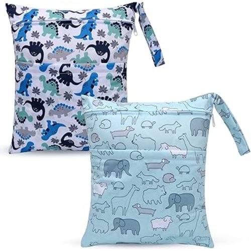 2pcs Cloth Diaper Wet Dry Bags Waterproof Reusable with Two Zippered Pockets Travel Beach Pool Daycare Soiled Baby Items Yoga Gym Bag for Swimsuits or Wet Clothes-Cute Animal,Dinosaur
